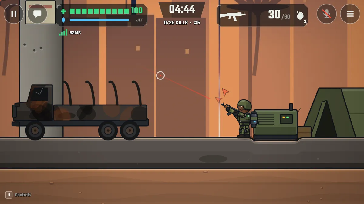 A Trenches Troopers match on Highway Ambush at dusk: a trooper with a jetpack and rifle beside an army truck.