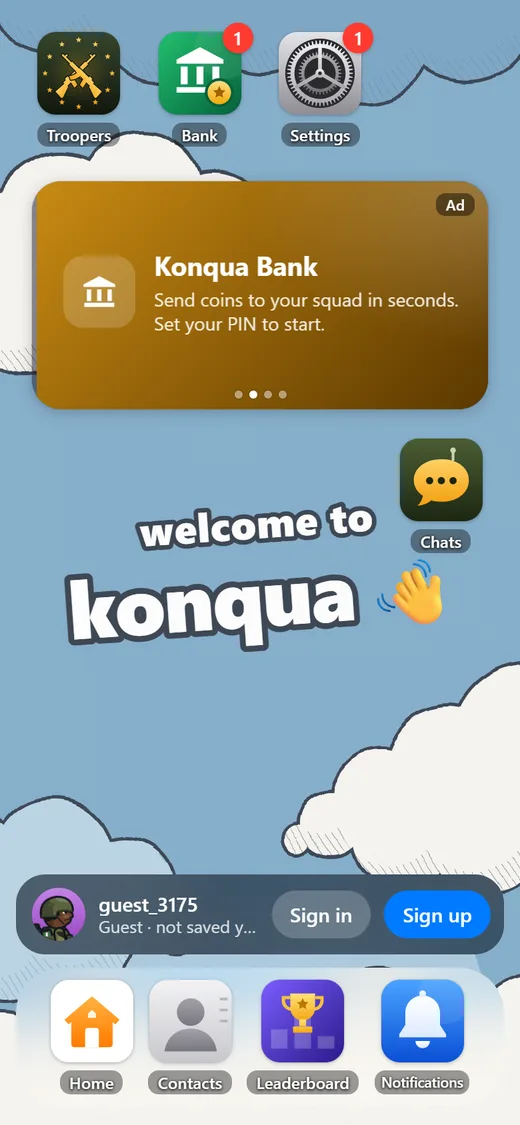 The Konqua home screen: Troopers, Bank and Settings apps, an ad widget for Konqua Bank, and the dock with Home, Contacts, Leaderboard and Notifications.